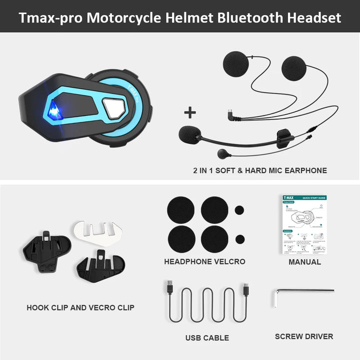 Freedconn T Max Pro Motorcycle Intercom Helmet Headset Bluetooth 5.0 6 Riders 1200M FM Motor Interphone Communicator Earphone