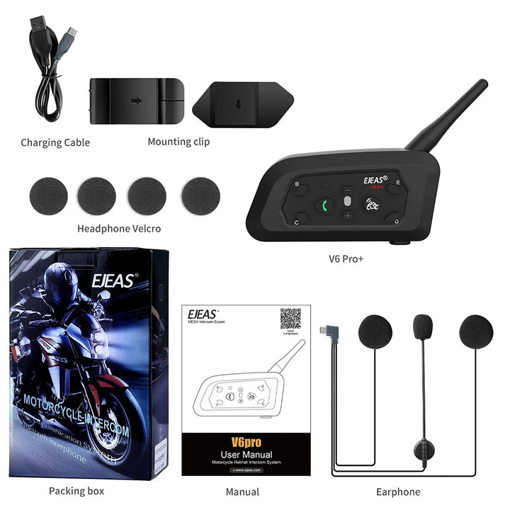 EJEAS V6 PRO+/PLUS Motorcycle Helmet Bluetooth Walkie Talkie 6 Rider Distance 800 Meters Waterproof IP67