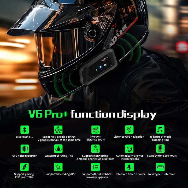 EJEAS V6 PRO+/PLUS Motorcycle Helmet Bluetooth Walkie Talkie 6 Rider Distance 800 Meters Waterproof IP67